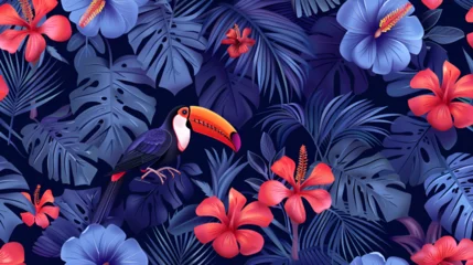 Rolgordijnen toucan, flowers, monstera, feathers, blue, coral, red, purple seamless repeating pattern © l1gend