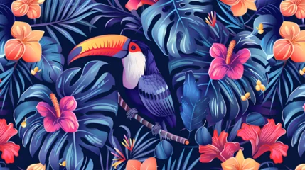 Selbstklebende Fototapeten toucan, flowers, monstera, feathers, blue, coral, red, purple seamless repeating pattern © l1gend