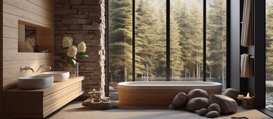 A modern bathroom featuring wood and stone decor elements, with a large window offering a view of a lush forest outside. The natural light floods the space, creating a serene atmosphere.