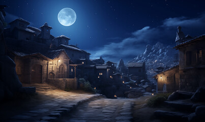Old town at night, beautiful ancient urban landscape with moon and stars, illustration generated by ai