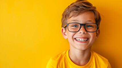 Portrait of happy joyful small caucasian boy in front of yellow background looking to the camera - Childhood growing up and concept - front view waist up copy space