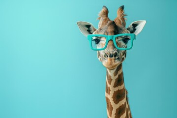portrait of a giraffe wearing turquoise blue glasses on a pastel turquoise background. empty space for text. Africa. Banner. - obrazy, fototapety, plakaty