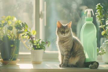 safe environmental cleaning product for the home, a cat is sitting next to a pet, a plant is in the background. cleaning the house. Window