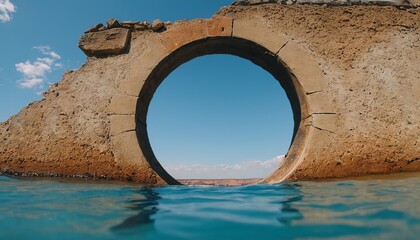 Vintage defunct old brick wall with a round hole overlooking the sea and blue sky. Old abstract architecture, destroyed dam - obrazy, fototapety, plakaty