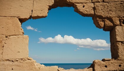 Vintage defunct old brick wall with a round hole overlooking the sea and blue sky. Old abstract architecture, destroyed dam - Powered by Adobe