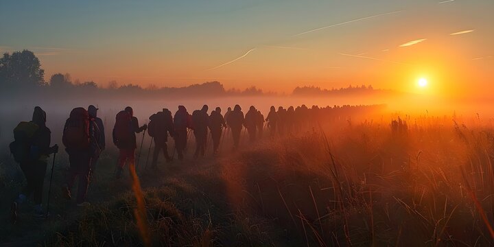 Serene Charity Walkathon at Dawn with Participants Starting Journey. Concept Charity Event, Walkathon, Serene Morning, Dawn Start, Community Involvement