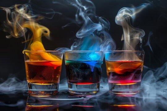 Multicolor alcoholic cocktail in shots with fire