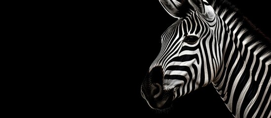 A close-up black and white shot showcasing the distinctive stripes and features of a zebras head against a dark background, highlighting its unique and iconic appearance.