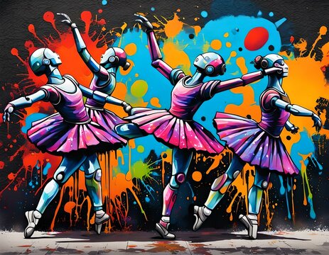 Three Ballerinas Painting on Wall. Generative AI