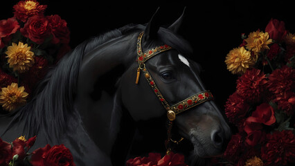 Black horse with golden patterns among red flowers