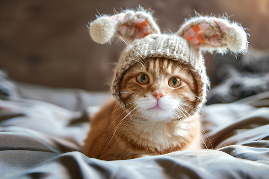 Cute kitten cat in funny hat bunny on orange background