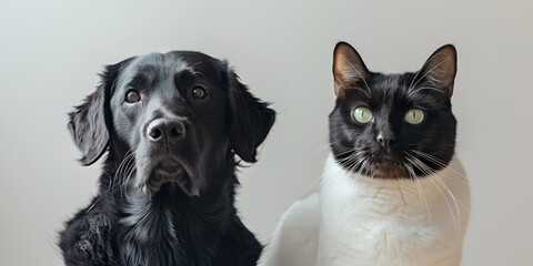 Pets dog and cat close up on blue background - obrazy, fototapety, plakaty