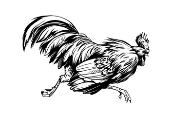 Rooster, angry bird, sketch illustration, hand drawn, black outline, engraving style © aksol