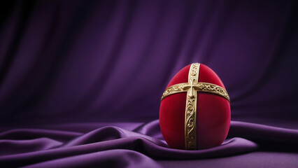 Orthodox Easter Celebration: Traditional Red Easter Egg with Gold Cross Detail on Purple Silk