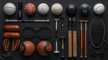 Sports equipment encompasses a diverse array of gear used for various physical activities, ranging from balls, bats, and rackets to protective gear like helmets and pads.  - obrazy, fototapety, plakaty