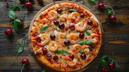 A savory seafood pizza topped with cherries is showcased on a rustic wooden table, offering a unique blend of flavors that tantalize the taste buds.