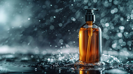 bottle of shampoo splashing water in front of white.