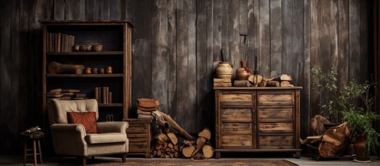 A room filled with various pieces of furniture against a wooden wall. The room exudes a vintage charm with its classic wooden furniture set against the rustic backdrop.