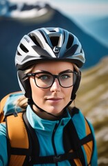 Fototapeta na wymiar Woman wearing helmet and glasses stands confidently before towering mountain backdrop ready for adventure and exploration.She may be gearing up for bicycle ride or some other outdoor activity.