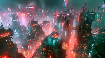 Urban Nightscape: Futuristic City with Skyscrapers Illuminated Against the Night Sky, A Vision of Urban Progress