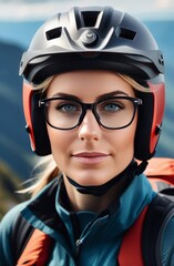Woman wearing helmet and glasses stands confidently before towering mountain backdrop ready for adventure and exploration.She may be gearing up for bicycle ride or some other outdoor activity.