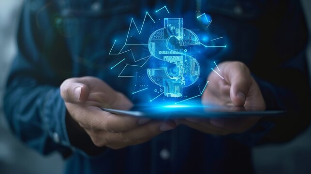 The concept of online banking, digital currency exchange, and financial applications is depicted with a virtual blue dollar sign projected from a digital tablet held by a man against a dark background