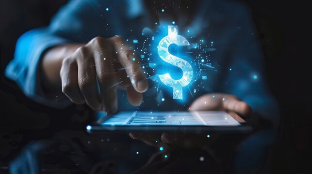 The concept of online banking, digital currency exchange, and financial applications is depicted with a virtual blue dollar sign projected from a digital tablet held by a man against a dark background