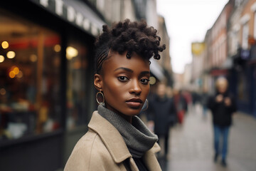 Black Beautiful Woman in her 20s or 30s talking head shoulders shot bokeh out of focus background on a cosmopolitan western street vox pop website review or questionnaire candid photo - obrazy, fototapety, plakaty