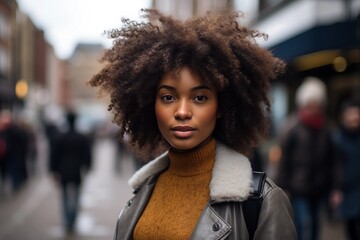 A Black Beautiful Woman in her 20s or 30s talking head shoulders shot bokeh out of focus background on a cosmopolitan western street vox pop website review or questionnaire candid photo - obrazy, fototapety, plakaty