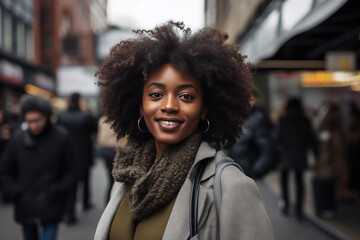 A Black Beautiful Woman in her 20s or 30s talking head shoulders shot bokeh out of focus background on a cosmopolitan western street vox pop website review or questionnaire candid photo - obrazy, fototapety, plakaty