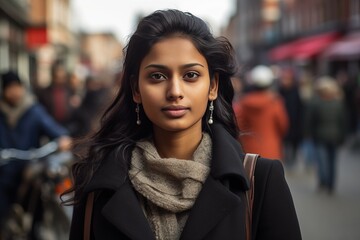 Indian Beautiful Woman in her 20s or 30s talking head shoulders shot bokeh out of focus background on a cosmopolitan western street vox pop website review or questionnaire candid photo - obrazy, fototapety, plakaty