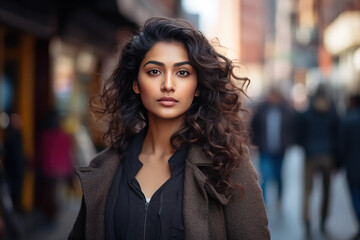 Indian Beautiful Woman in her 20s or 30s talking head shoulders shot bokeh out of focus background on a cosmopolitan western street vox pop website review or questionnaire candid photo - obrazy, fototapety, plakaty