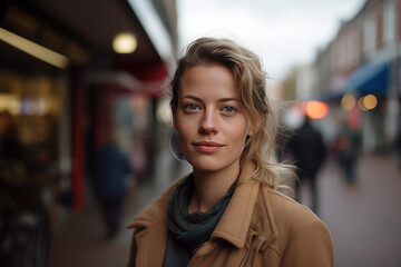 White Beautiful Woman in her 20s or 30s talking head shoulders shot bokeh out of focus background on a cosmopolitan western street vox pop website review or questionnaire candid photo