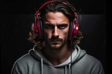 Fototapeta premium Audiophilic Man wearing headphones. Music city lifestyle. Generate Ai