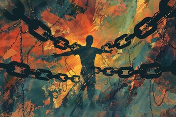 A surreal illustration of a person with outstretched arms, breaking through chains and barriers, symbolizing the triumph of freedom over oppression