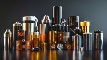 A diverse group of batteries is displayed, highlighting the range of sizes and types available for various applications. - obrazy, fototapety, plakaty