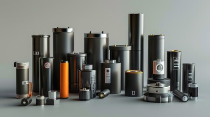 A diverse group of batteries is displayed, highlighting the range of sizes and types available for various applications.