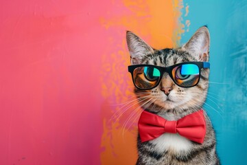 Chic cat with hipster glasses and bowtie on abstract vibrant background