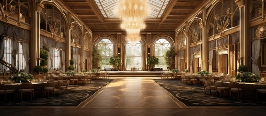 Fototapeta premium A luxurious grand hall adorned with a sparkling chandelier hanging from the ceiling, surrounded by impeccably set tables and chairs for an event or dining experience.