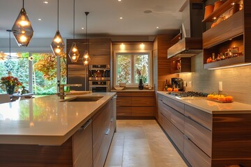 Contemporary kitchen in autumn theme with natural wood accents and seasonal decorations - obrazy, fototapety, plakaty