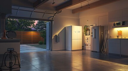 A home energy storage concept is visualized with a lithium-ion battery pack in a garage, pointing to the future of domestic power management