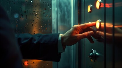 A man's hand presses an elevator button, symbolizing ascension and progress towards success - obrazy, fototapety, plakaty