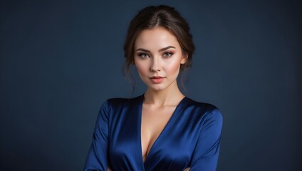 Obraz premium Pretty beautiful woman in her twenties posing on dark blue background, studio shot, space for advertising