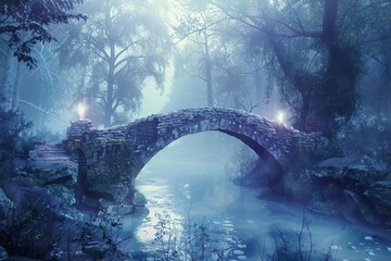 Enchanted forest scene with a mystical stone bridge shrouded in fog. beyond the bridge A glowing enchantress summons creatures of light. digital art Fantasy landscape illustration - obrazy, fototapety, plakaty