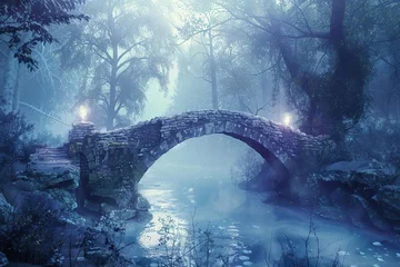 Fototapeten Enchanted forest scene with a mystical stone bridge shrouded in fog. beyond the bridge A glowing enchantress summons creatures of light. digital art Fantasy landscape illustration © Bijac