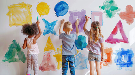 Creative colorful shapes learning development. kids rear view painting on white wall abstract background 