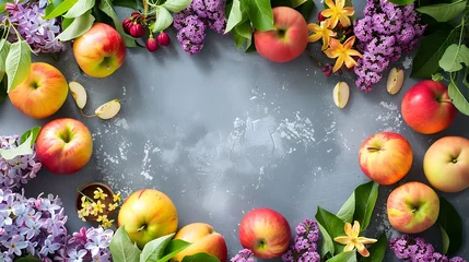 Schilderijen op glas spring background with variety of colorful apple and lilac flowers on concrete gray background, © Matthew