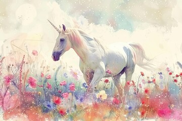 Obraz na płótnie Canvas Magical unicorn in a floral meadow Whimsical illustration with a watercolor effect