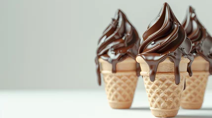 Foto auf Alu-Dibond Set of three chocolate ice cream in waffle cone isolated on white background. sprinkles, chocolate, vanilla, summer icecreams  © Mahnoor