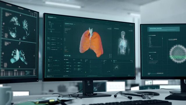 Pandemic Virus Analysis In Futuristic Medical Examination Software. Health Analysis Discovers Lungs Affected By Covid-19 Pandemic Virus. Pandemic Respiratory Virus Analysis. Animation. Healthcare